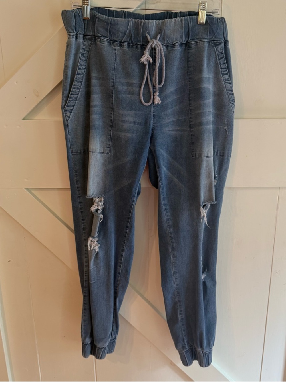 Mustard Seed Large Distressed Denim Joggers Elastic Waist Drawstring Jeans